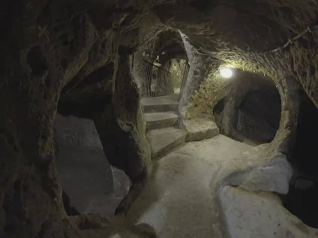 In 1963 , a Turkish man knocked down a basement wall during renovations and accidentally discovered Derinkuyu , an ancient underground city extending 18 stories deep , It was equipped with schools , c