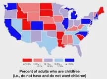 People living in California are more than twice as likely to be childfree as those living in Louisiana