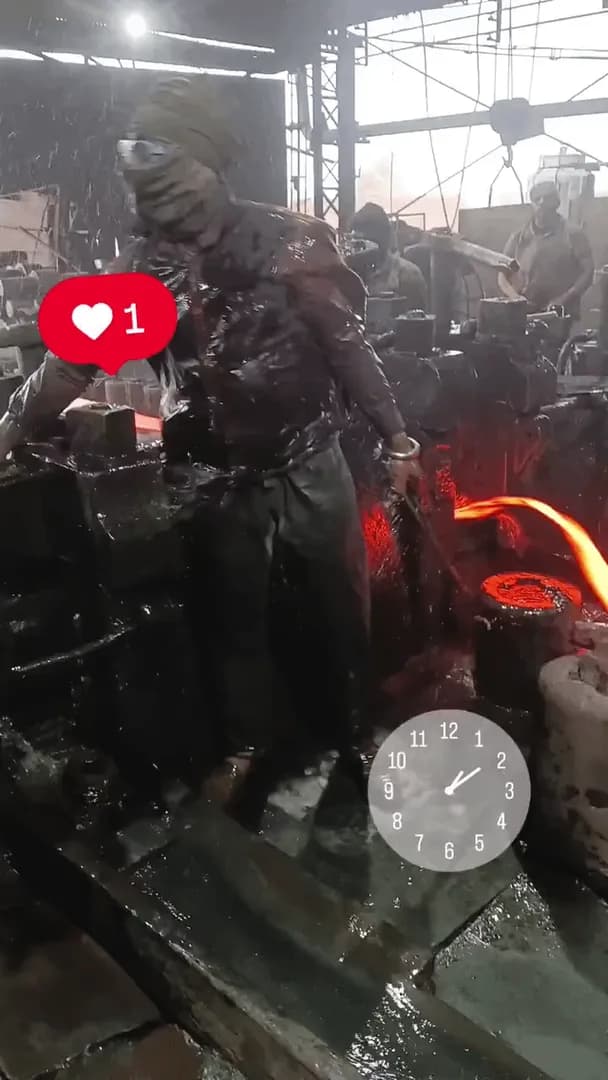 A metallurgical worker does a complex maneuver with red-hot metal whilst pouring water upon himself