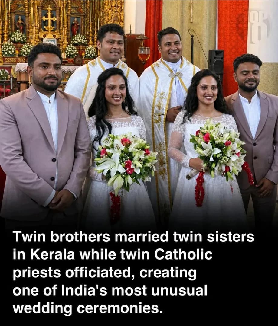 Twin brothers married twin sisters in Kerala, while twin Catholic priests officiated the wedding.