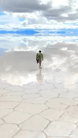 Salar de Uyuni in Bolivia is the world's largest salt flat, like a mirror after rain
