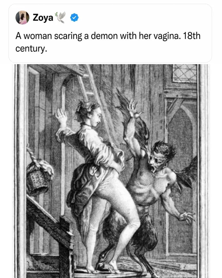 A woman scaring a demon with her vagina 18th century.