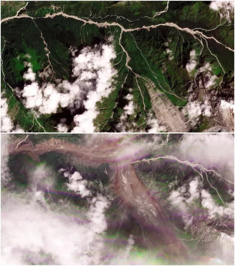 Before and After satellite comparison of the valleys near the Nepal-China border after the devastating floods