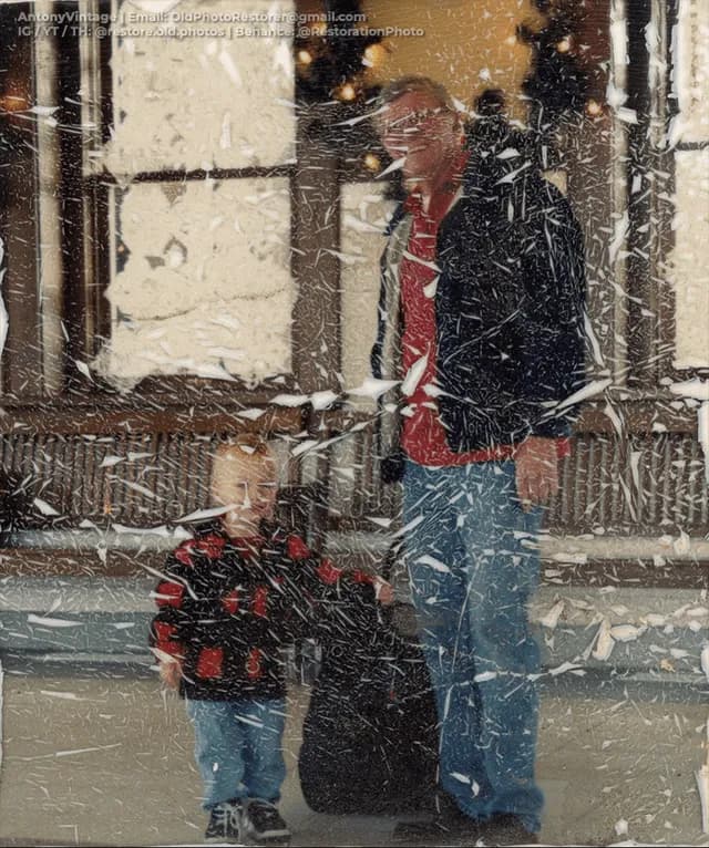 Christmas photo from the Kelso, WA train station (circa 2002), restored about 1.5 years ago. Zero photo owners were harmed by neural networks during this process. Tools used: Photoshop, 2 reference ph