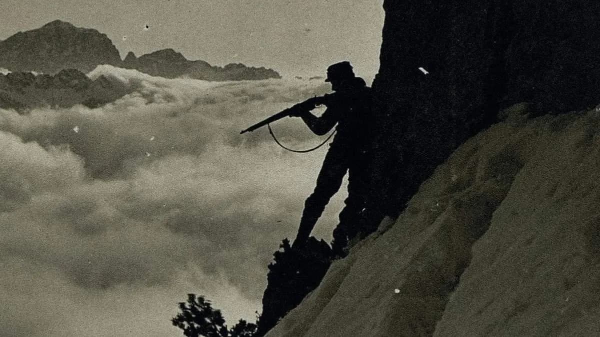 This real photograph was taken in 1916 during WWI, showing an Austro-Hungarian sniper in the Alps. Decades later, it was used as the cover of Minenwerferâs 2019 Black Metal album AlpenpĂ€sse.