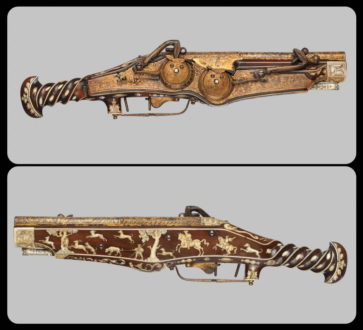 Double-Barreled Wheellock Pistol from Germany, c.1540 CE: this is one of the world's oldest surviving pistols, and it's inscribed with the Latin phrase "plus ultra," meaning "further beyond"