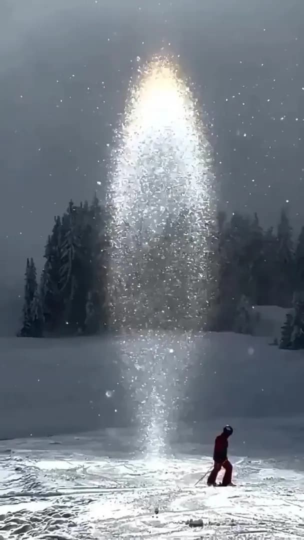 A Striking Pillar of Light Appears Over the Snow-Covered Alps.