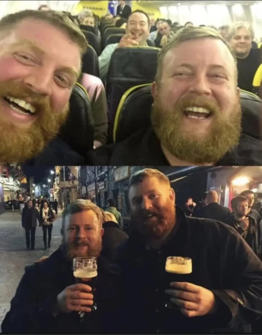 This man boarded a flight and discovered stranger sitting next to him looked almost exactly like him. Same ginger beard, same hair and even same smile. Their selfie went viral and after landing, they