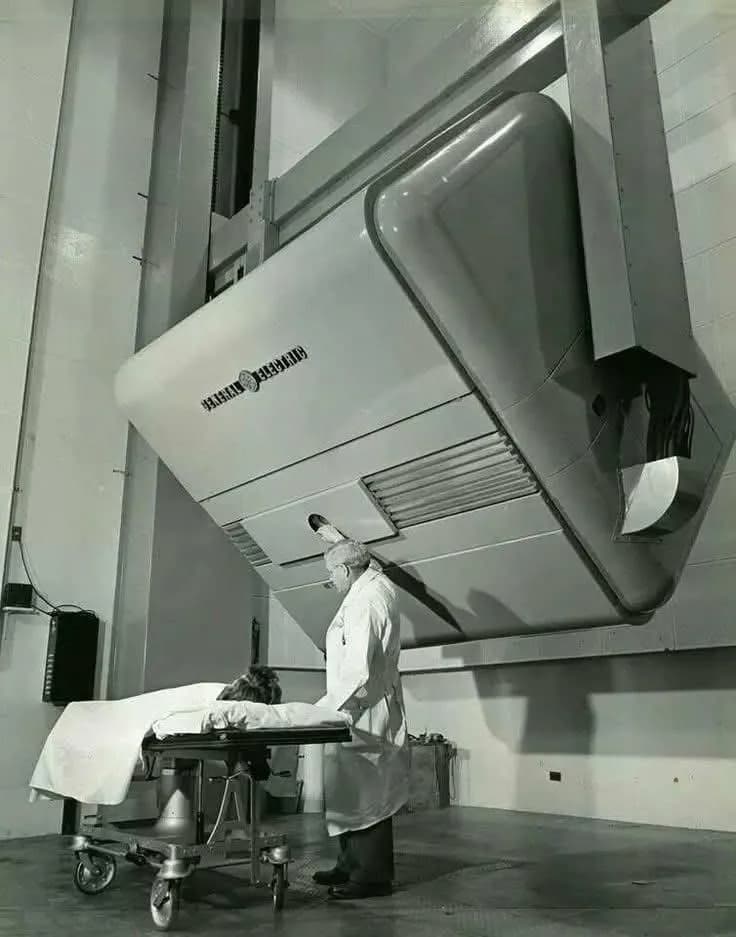 This image shows General Electric's 70-MeV electron synchrotron, a massive particle accelerator used for cancer radiation therapy at the University of California Medical Center (UCSF) in San Francisco
