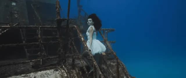 Dancer and freediver Ariadna Hafez performing a complete dance routine underwater on a sunken ship in the Bahamas.