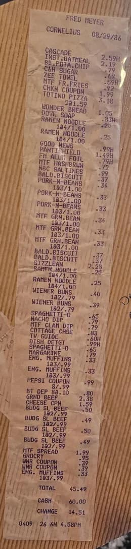 The grocery receipt from my parent's first shopping trip together in 1986