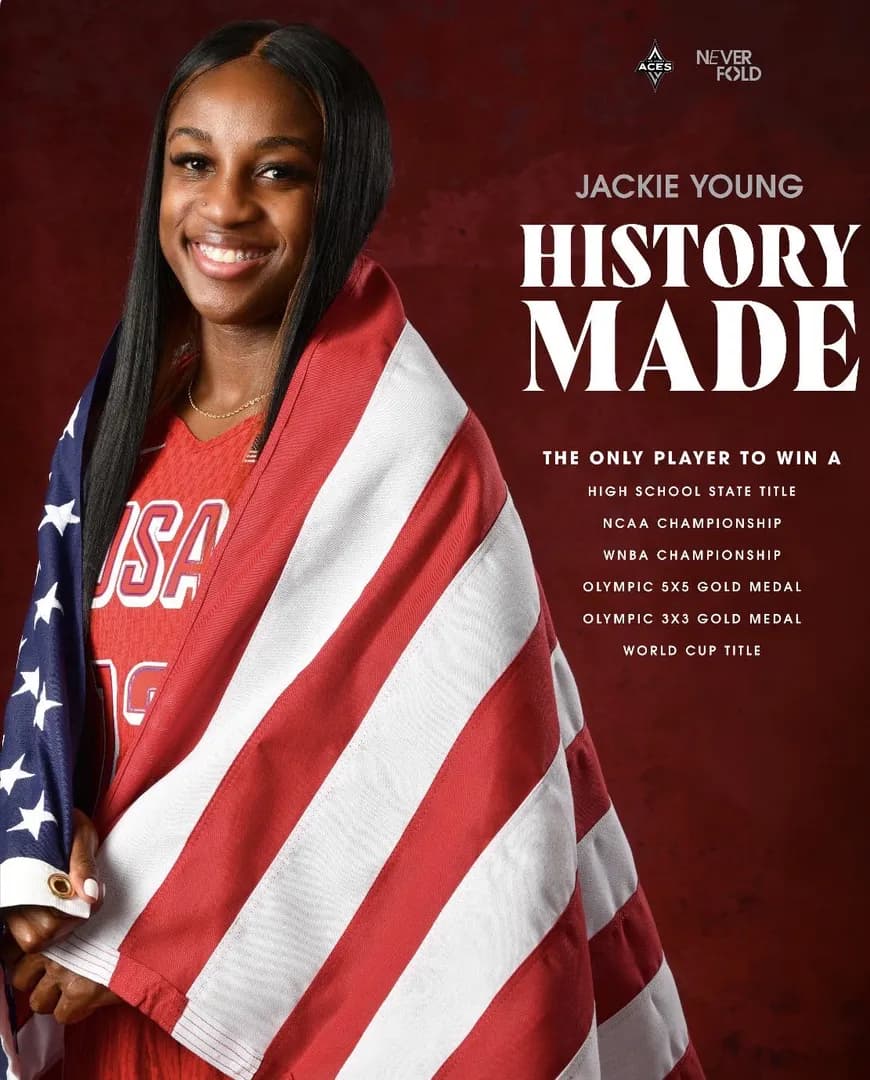 🇺🇸Jackie Young…. first player to win a High School State Title, NCAA Championship, WNBA Championship, Olympic 5x5 Gold Medal, Olympic 3x3 Gold Medal & now a FIBA World Cup Title🏆🥶‼️👏🏼👏🏼👏🏼