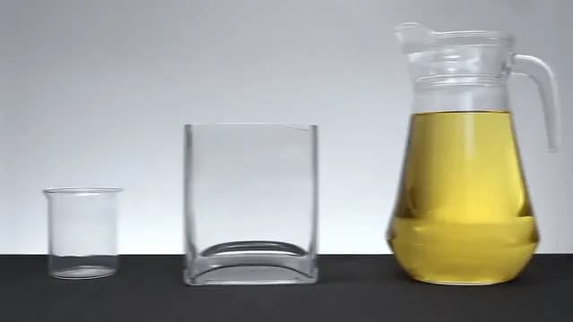 The borosilicate glass and the oil have roughly the same index of refraction, so this clear beaker has no markings and bends light to the same degree as cooking oil.